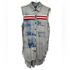 Thrill Patriotic Motorcycle Tunic Dress Ripped Fringe Stars Stripes Grunge XL